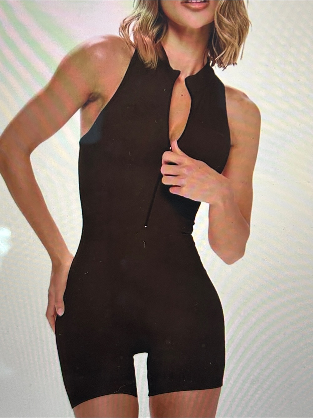 Sleek Chocolate Brown Halter Zip-Front Bodysuit Romper